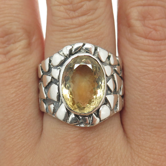 925 Sterling Silver Vintage Real Citrine Gemstone Pebble Wide Ring Size 9