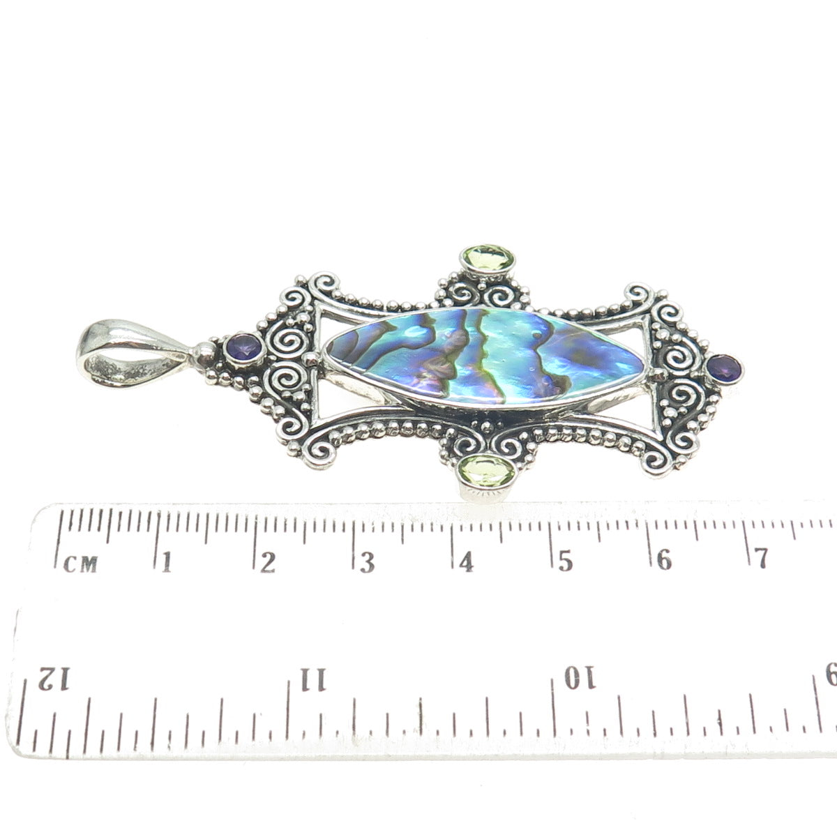 SAJEN 925 Sterling Vintage Abalone Shell Peridot & Amethyst Gem Ornate Pendant