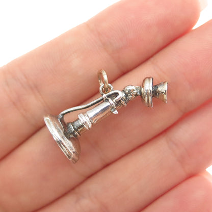 WELLS 925 Sterling Silver Vintage Retro Candlestick Phone 3D Charm Pendant