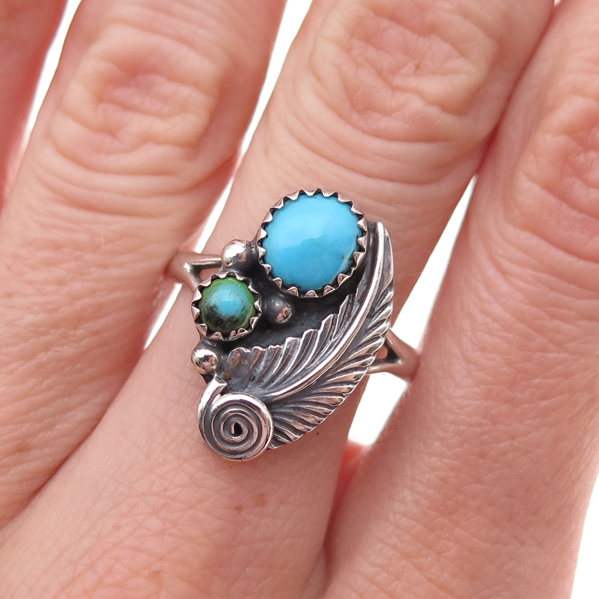 Old Pawn 925 Sterling Silver Vintage Turquoise Feather Tribal Ring Size 8.5