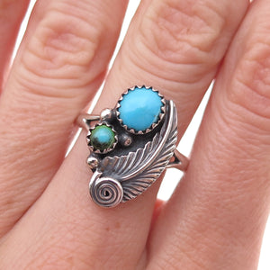 Old Pawn 925 Sterling Silver Vintage Turquoise Feather Tribal Ring Size 8.5