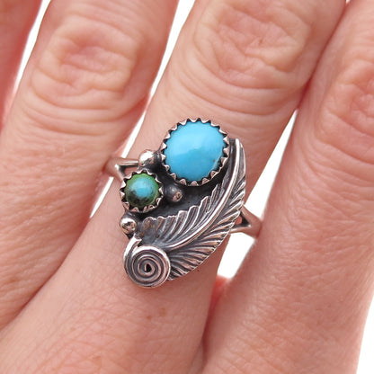 Old Pawn 925 Sterling Silver Vintage Turquoise Feather Tribal Ring Size 8.5