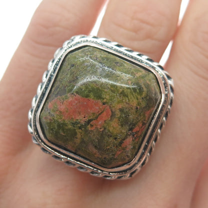 925 Sterling Silver Vintage Real Cushion-Cut Unakite Roped Ring Size 7.75