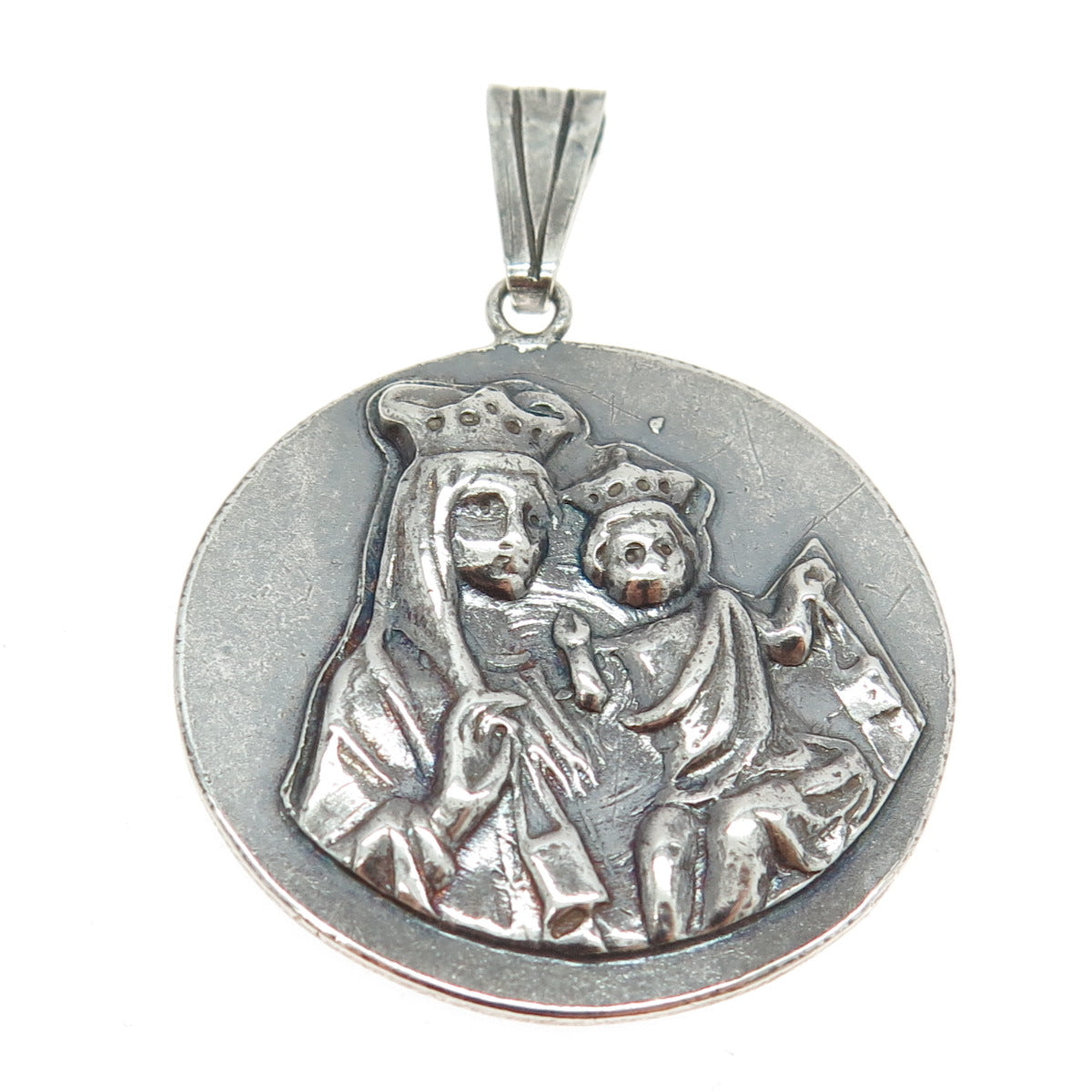 970 Silver Vintage St. Mary & Baby Jesus Religious Pendant