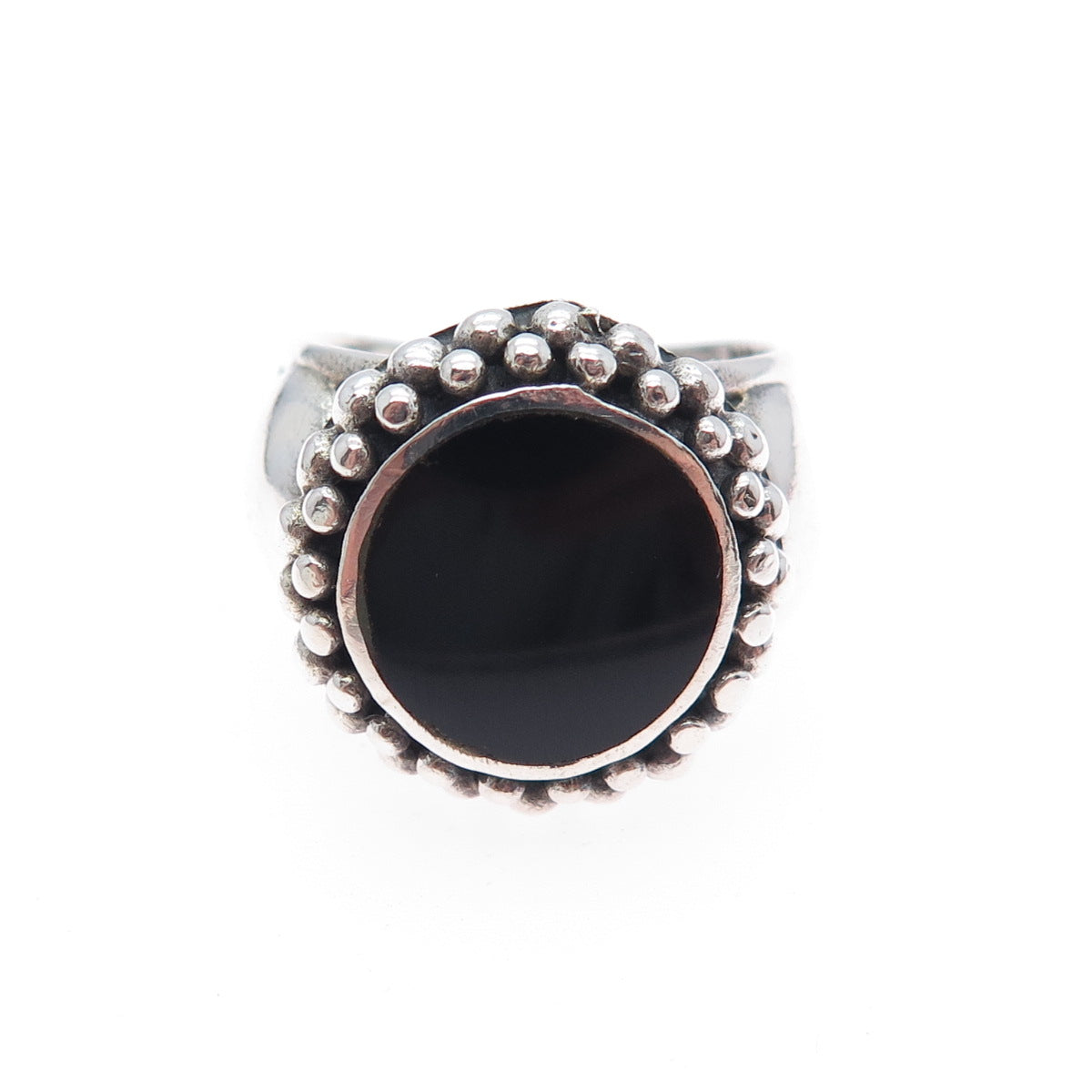 925 Sterling Silver Vintage Real Black Onyx Modernist Beaded Ring Size 6.75