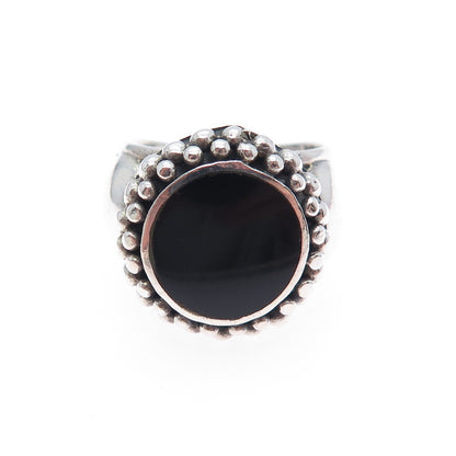 925 Sterling Silver Vintage Real Black Onyx Modernist Beaded Ring Size 6.75