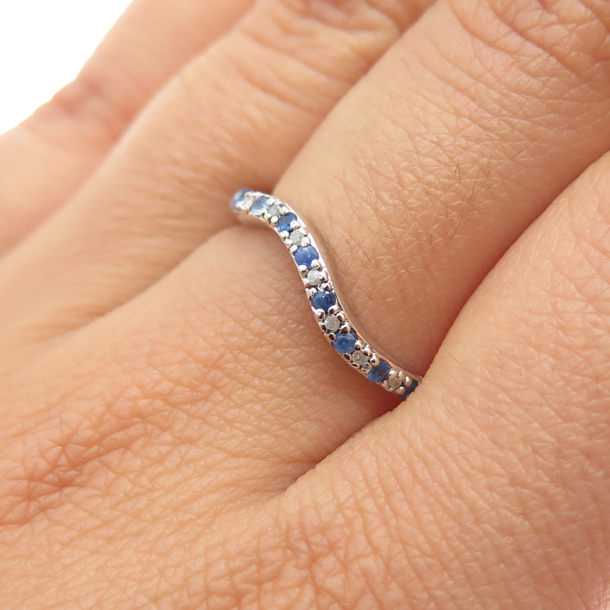 925 Sterling Silver Real Round-Cut Diamond & Sapphire Wavy Ring Size 7.25
