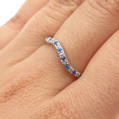 925 Sterling Silver Real Round-Cut Diamond & Sapphire Wavy Ring Size 7.25