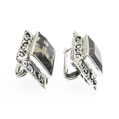 925 Sterling Silver Vintage Real Emerald-Cut Smoky Quartz Ornate Swirl Earrings
