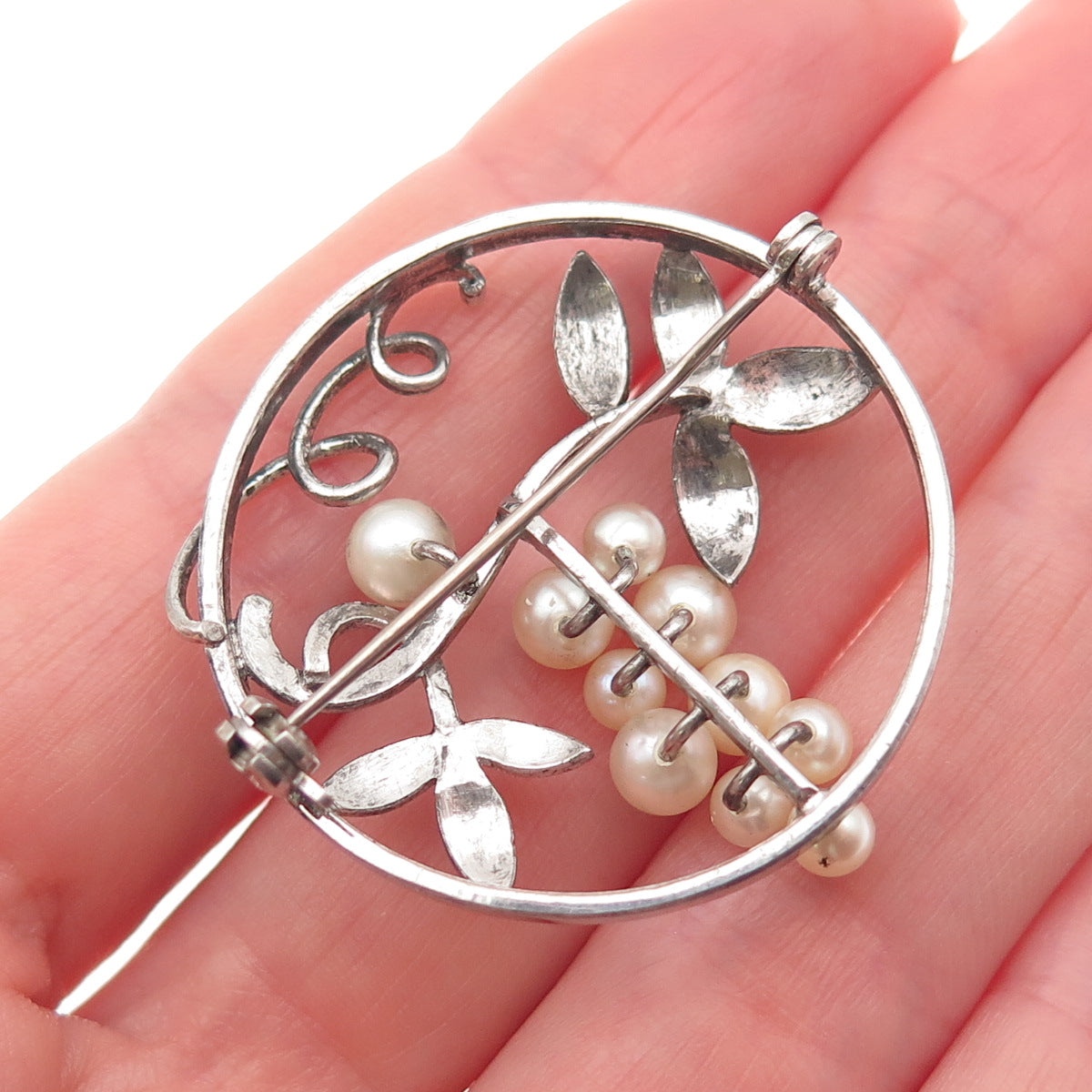 925 Sterling Silver Antique Art Deco Real Pearl Floral Pin Brooch