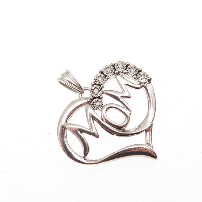 Richline 925 Sterling Silver Real Round-Cut Diamond Mom Heart Charm Pendant