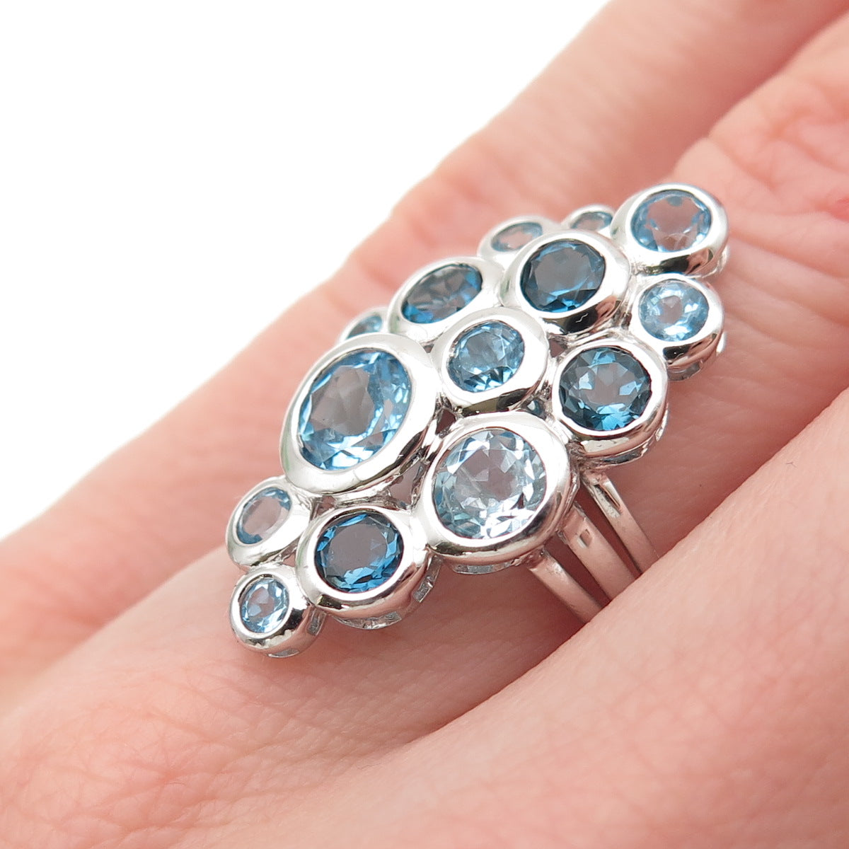 925 Sterling Silver Real London & Swiss Blue Topaz Cluster Ring Size 6