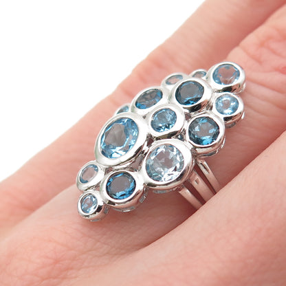 925 Sterling Silver Real London & Swiss Blue Topaz Cluster Ring Size 6
