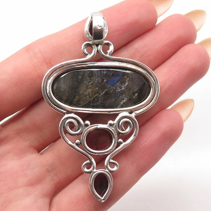 925 Sterling Silver Vintage Real Labradorite Amethyst & Tourmaline Gem Pendant
