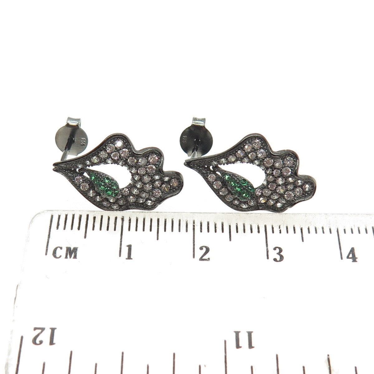 925 Sterling Silver Round-Cut Green & White C Z Leaf Black Rhodium Earrings