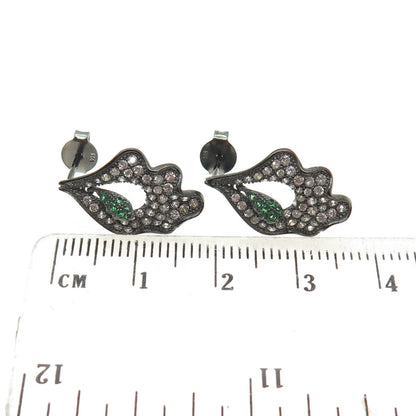 925 Sterling Silver Round-Cut Green & White C Z Leaf Black Rhodium Earrings