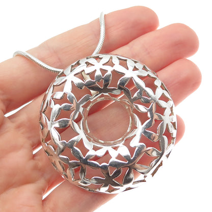 925 Sterling Silver Vintage Italy Floral Circle Pendant Snake Chain Necklace 18"