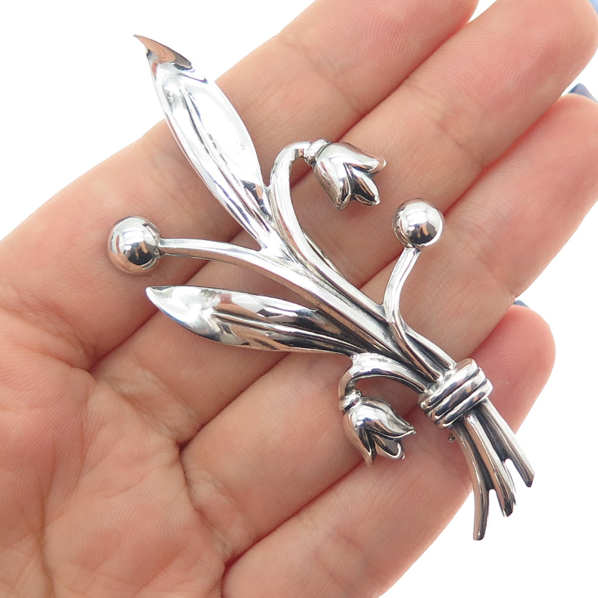 925 Sterling Silver Antique Art Deco Tulip Flower Oxidized Pin Brooch