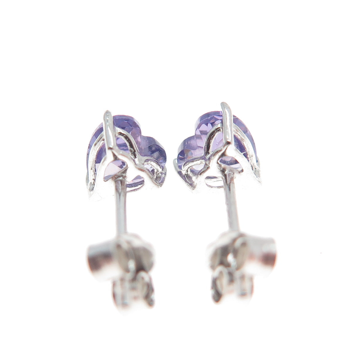 925 Sterling Silver Heart-Cut Purple C Z Stud Earrings