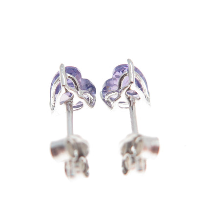 925 Sterling Silver Heart-Cut Purple C Z Stud Earrings