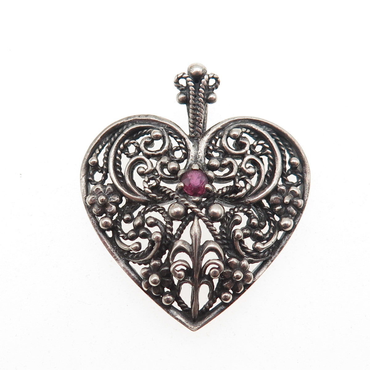 Franklin Mint 925 Sterling Vintage 1983 Real Ruby Heart Oxidized Charm Pendant