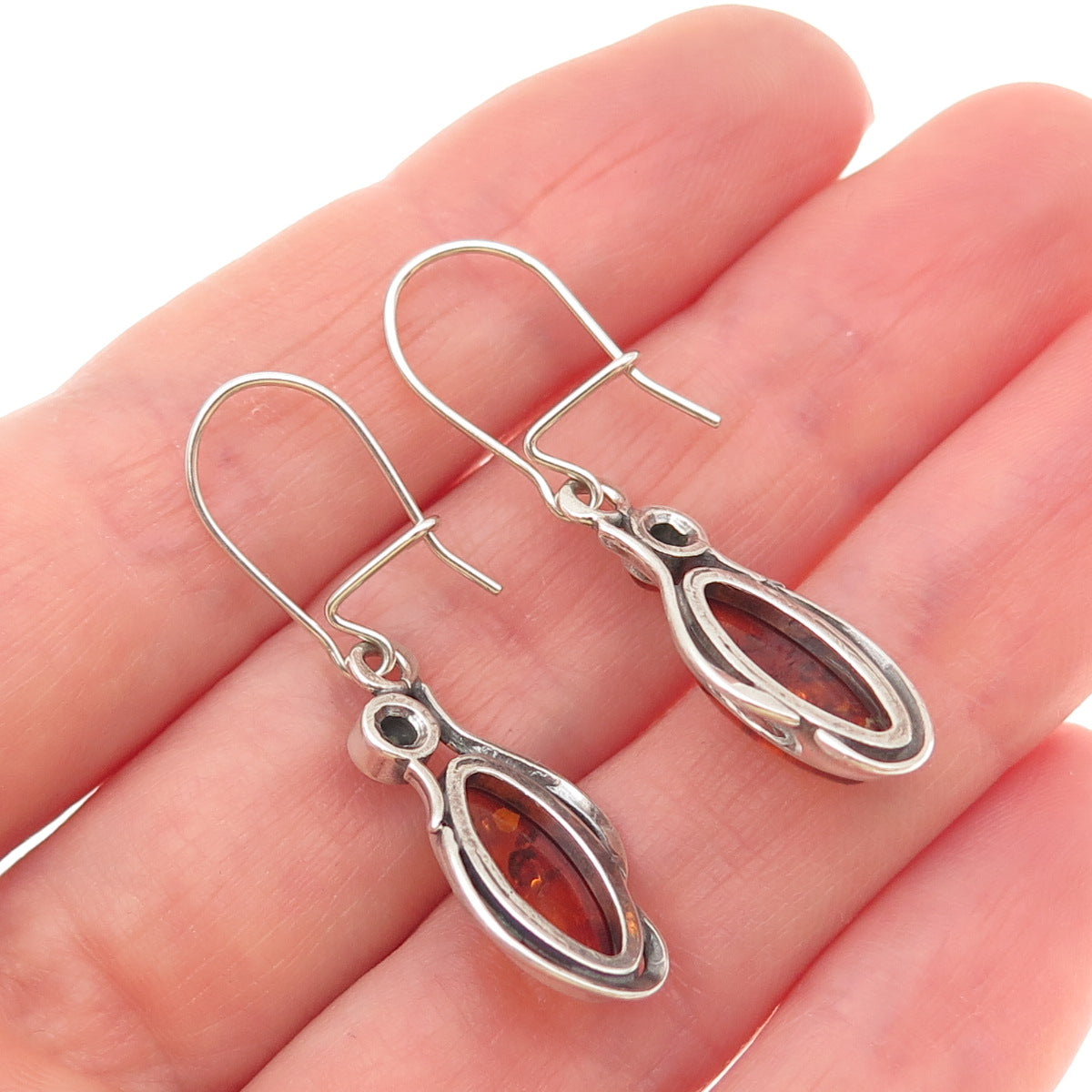 925 Sterling Silver Vintage Real Amber Modernist Dangle Earrings