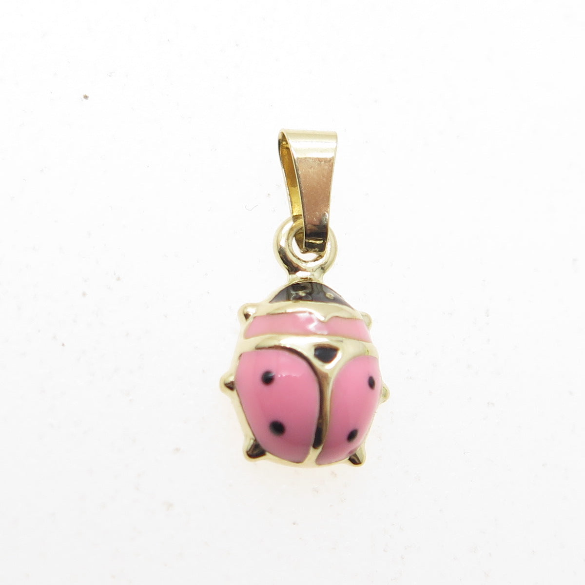 14K Yellow Gold Enamel Pink Ladybug Minimalist Charm Pendant