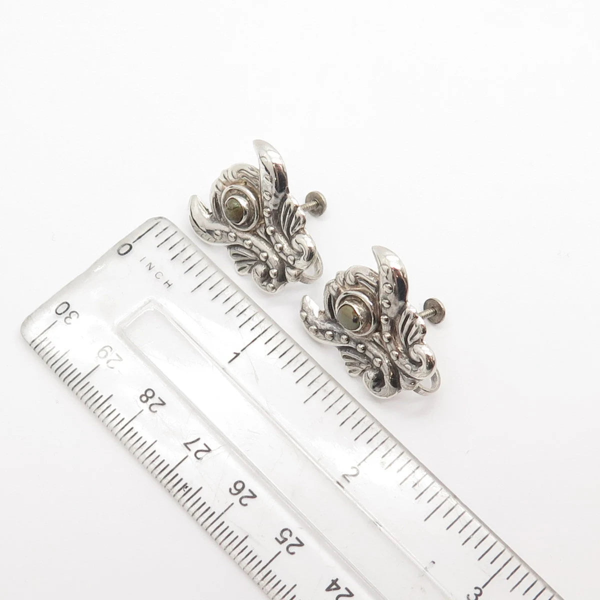 925 Sterling Silver Vintage Mexico Real Turquoise Gem Ornate Screw Back Earrings