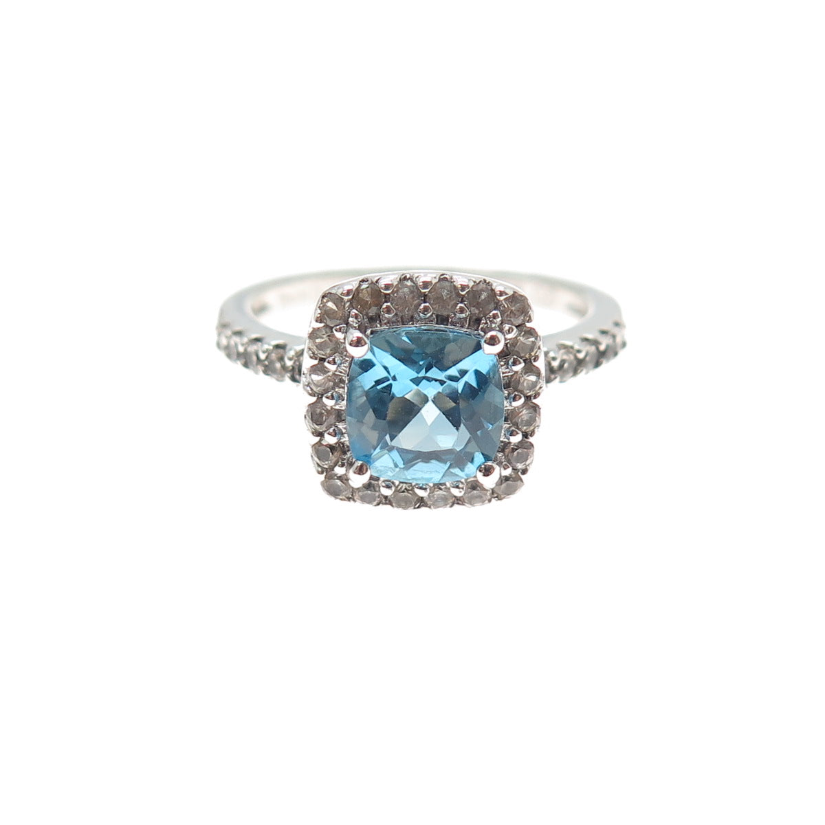 925 Sterling Silver Real Cushion-Cut Blue & Round-Cut White Topaz Ring Size 7