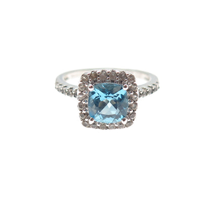 925 Sterling Silver Real Cushion-Cut Blue & Round-Cut White Topaz Ring Size 7