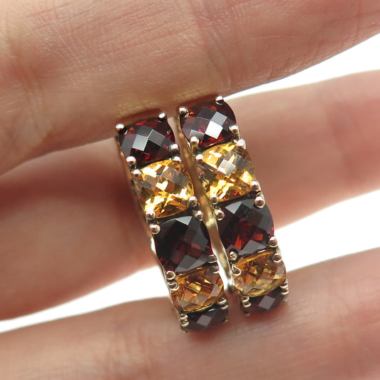 925 Sterling Silver Gold Plated Red Garnet & Citrine Gemstone Huggie Earrings