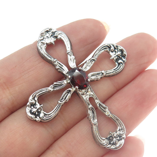 GORHAM 925 Sterling Silver Vintage Real Red Garnet Gem Ornate Cross Pendant