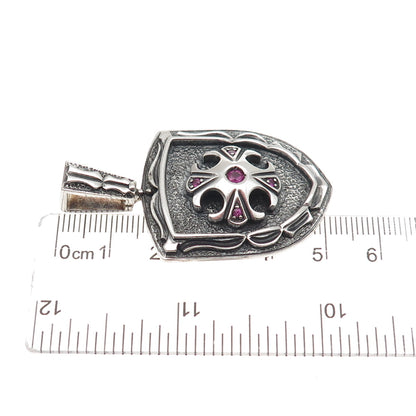 Jolusa 925 Sterling Silver Black Rhodium Real Ruby Floral Cross Shield Pendant