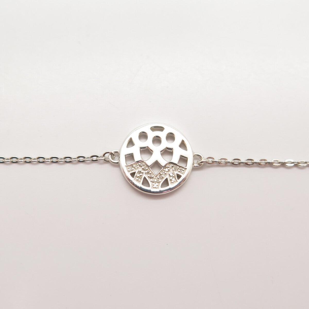 925 Sterling Silver Real White Diamond Round Charm Rolo Link Bracelet 7.25"