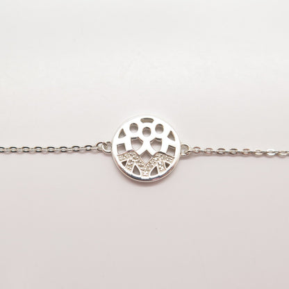 925 Sterling Silver Real White Diamond Round Charm Rolo Link Bracelet 7.25"