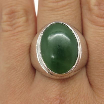 925 Sterling Silver Vintage Mexico Real Jade Gemstone Domed Ring Size 10.25