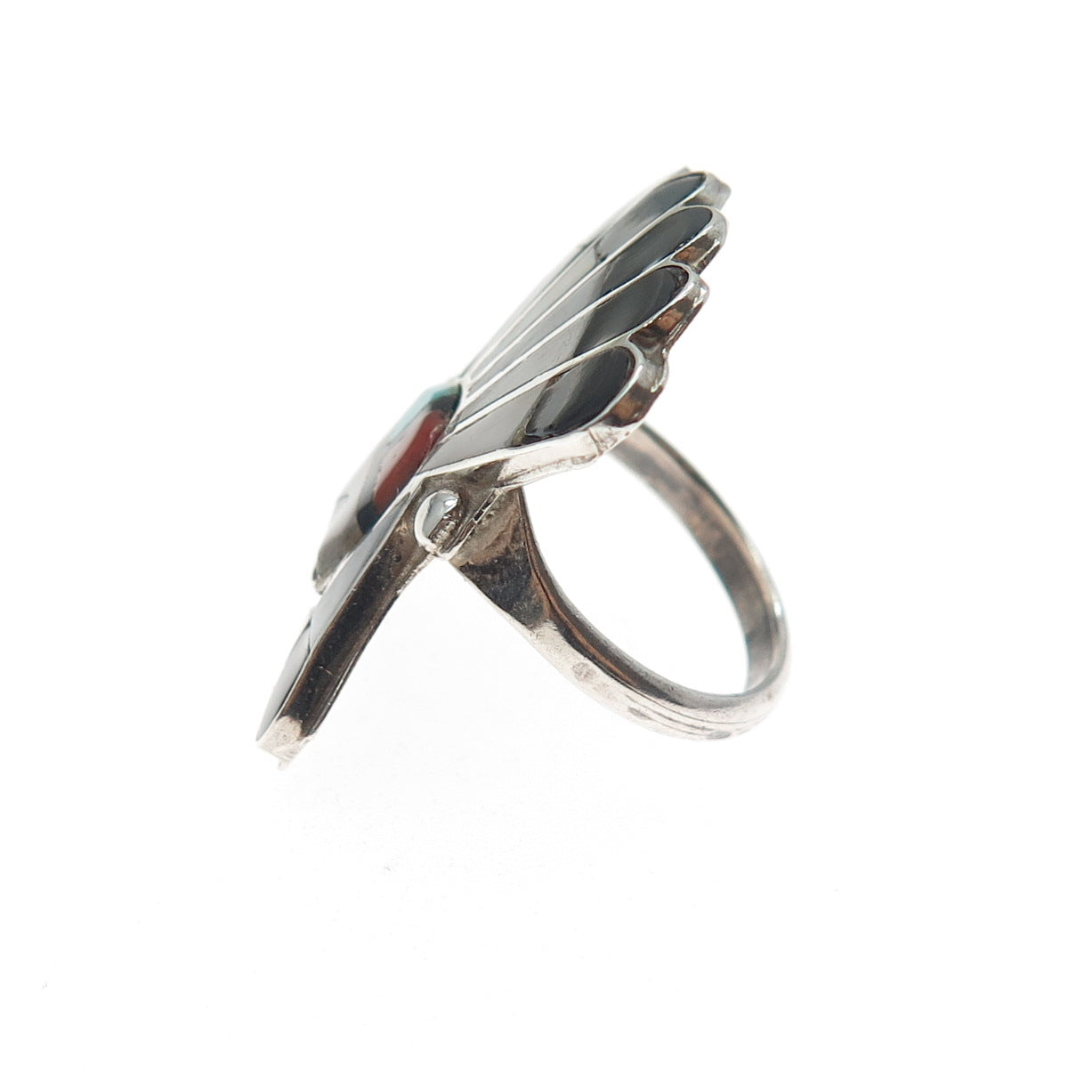 Old Pawn Zuni 925 Sterling Turquoise Coral Onyx MOP Indian Chief Ring Size 5.25