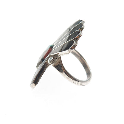 Old Pawn Zuni 925 Sterling Turquoise Coral Onyx MOP Indian Chief Ring Size 5.25