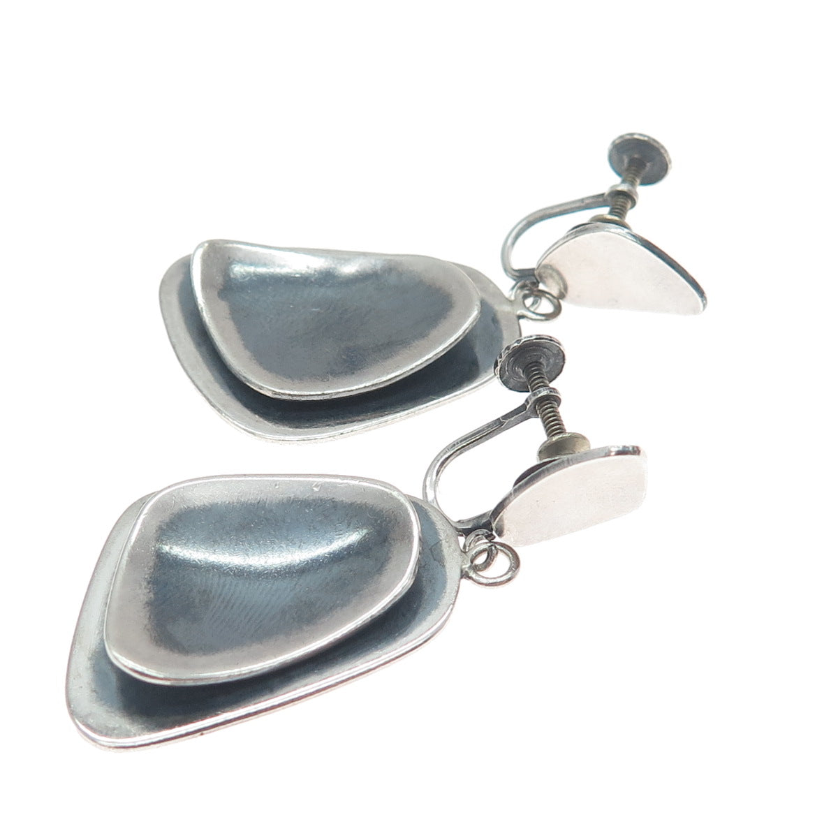 THE SILVERSMITH Sterling Vintage Modernist Oxidized Dangle Screw Back Earrings