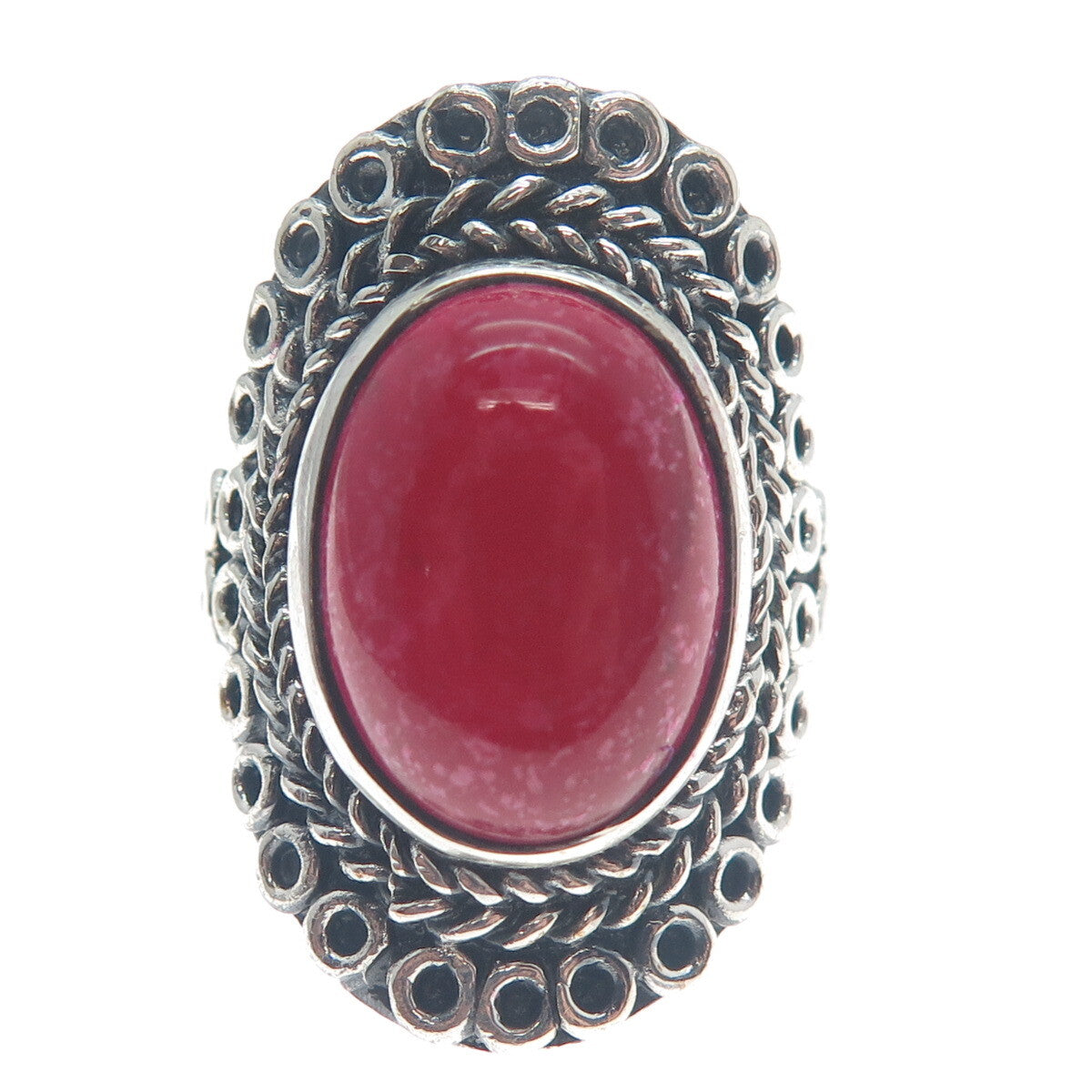 925 Sterling Silver Vintage Real Rhodonite Circle Link Oxidized Ring Size 9