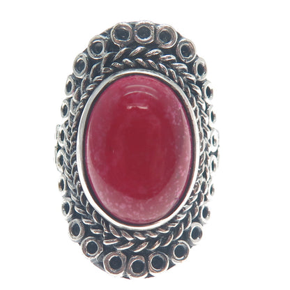 925 Sterling Silver Vintage Real Rhodonite Circle Link Oxidized Ring Size 9