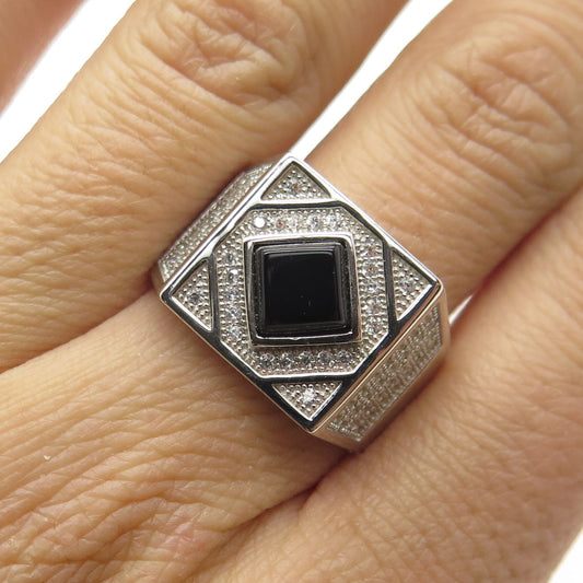 925 Sterling Silver Real Black Onyx Gemstone & C Z Ring Size 9.25