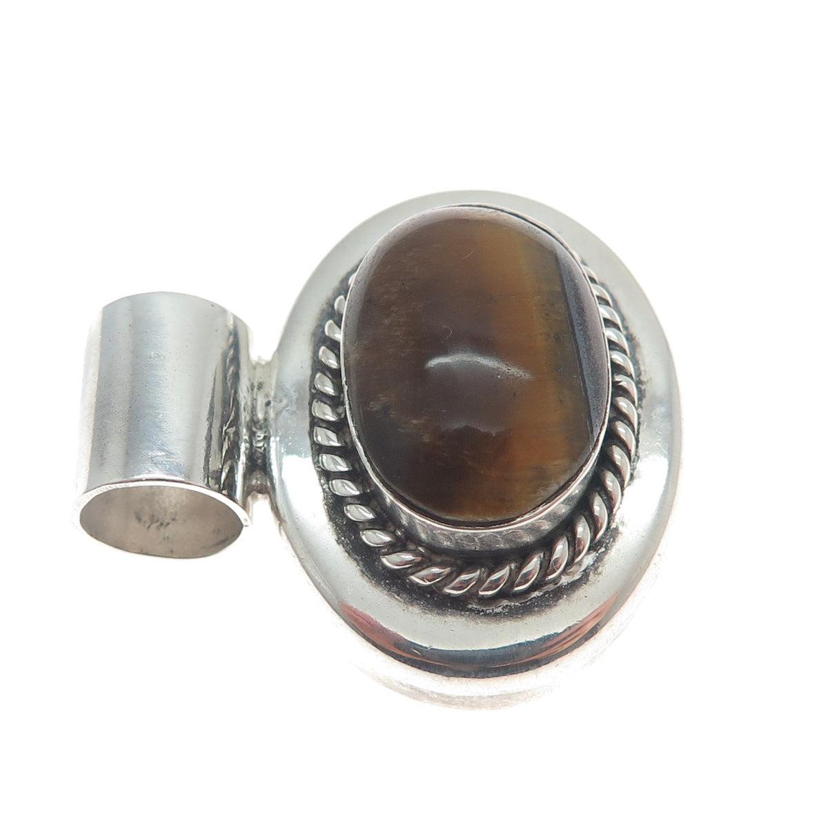 925 Sterling Silver Vintage Mexico Real Tiger Eye Gemstone Slide Pendant
