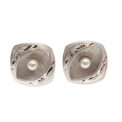 925 Sterling Silver Vintage Real Pearl Engraved Modernist Cufflinks