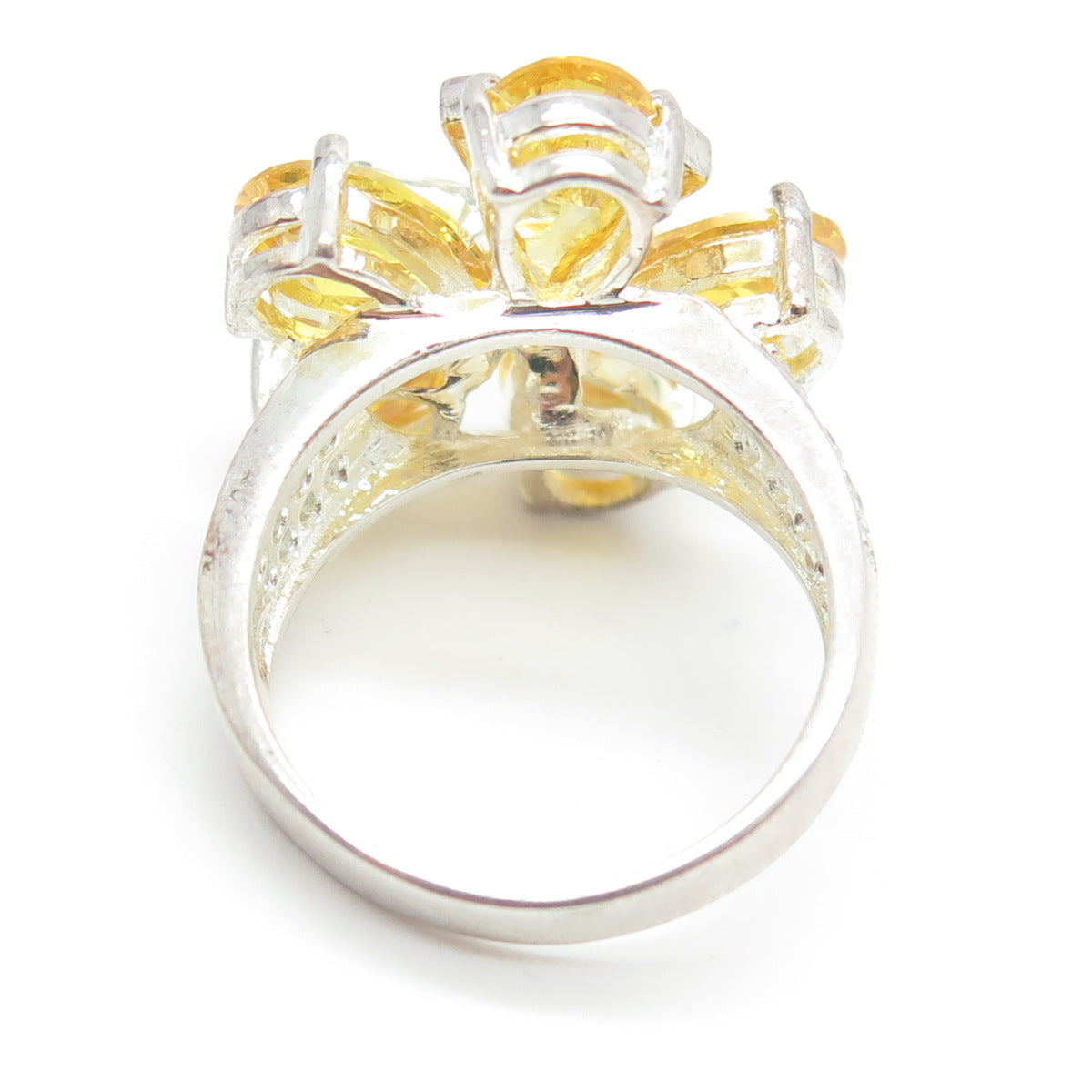 925 Sterling Silver White & Canary C Z Flower Ring Size 7