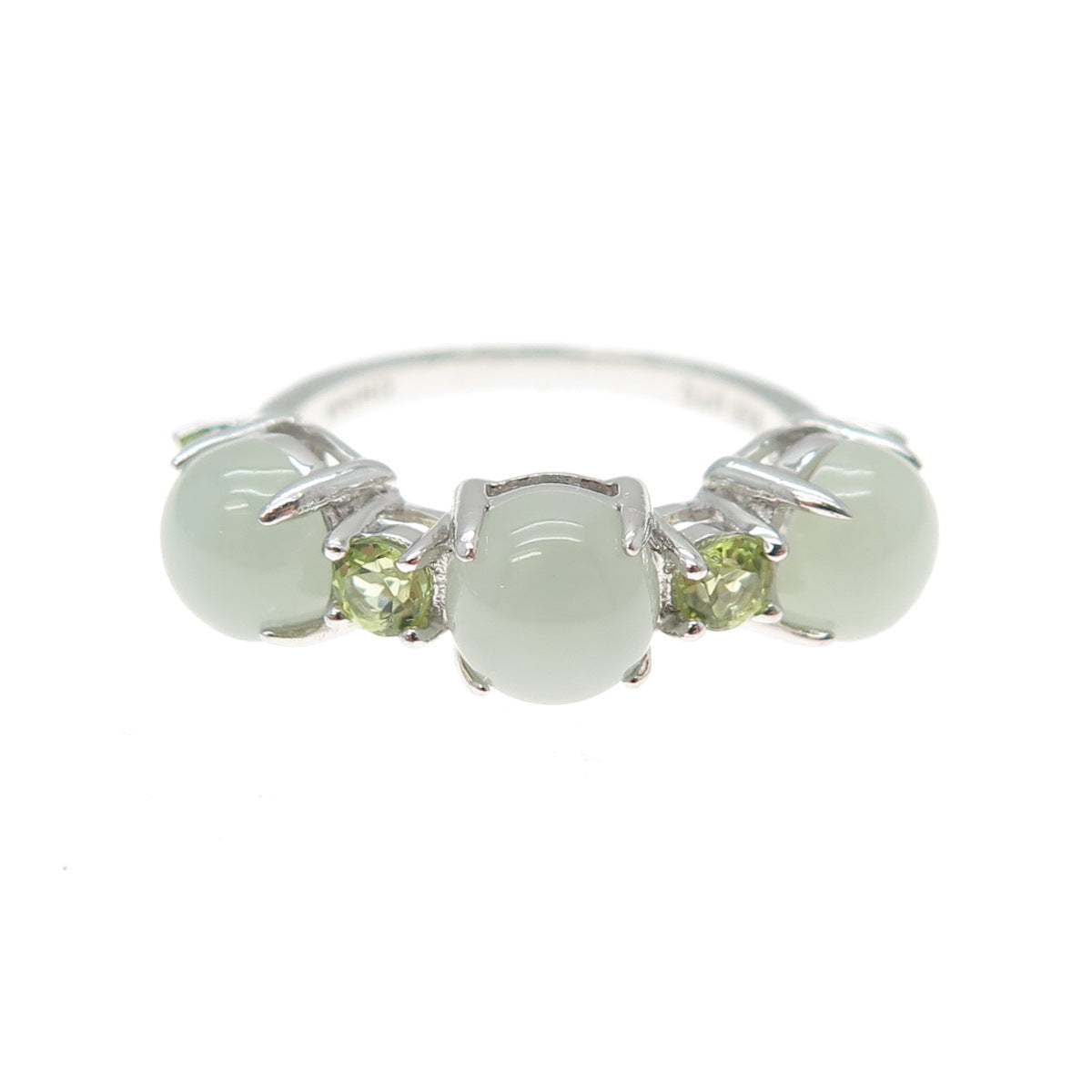 925 Sterling Silver Real Cabochon Jade & Round-Cut Peridot Ring Size 5.25