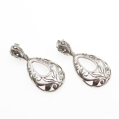 925 Sterling Silver Vintage Modernist Floral Teardrop Dangle Earrings
