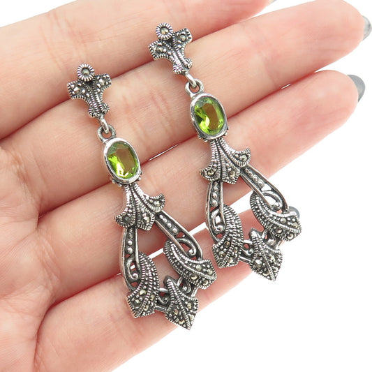 925 Sterling Silver Vintage Real Peridot & Marcasite Gemstone Dangling Earrings