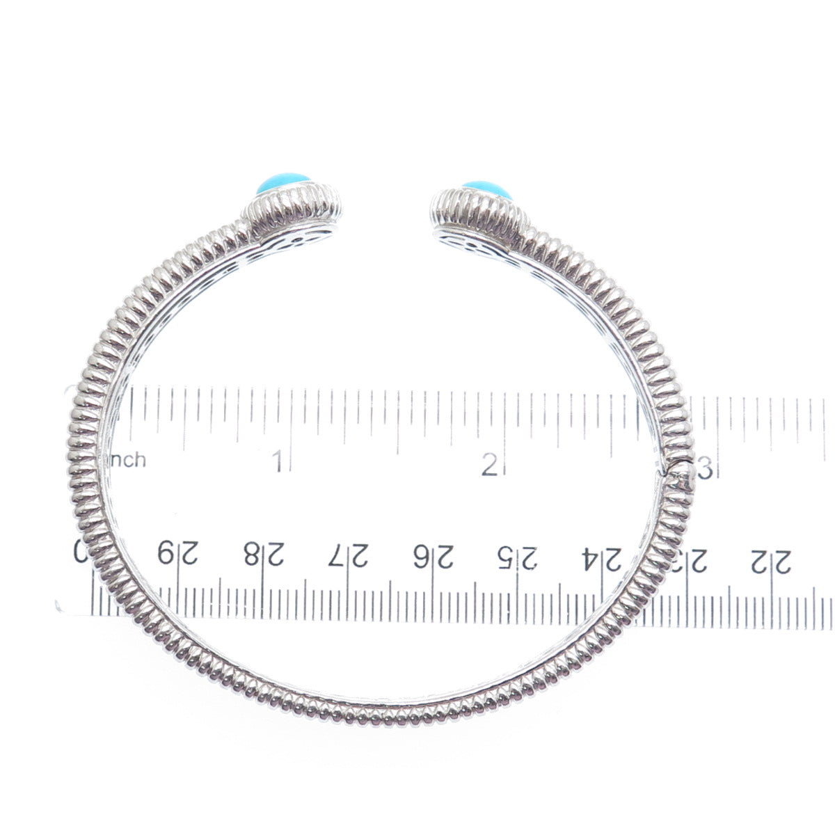 925 Sterling Silver Real Sleeping Beauty Turquoise Gem Ribbed Cuff Bracelet 7.5"