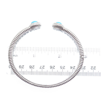 925 Sterling Silver Real Sleeping Beauty Turquoise Gem Ribbed Cuff Bracelet 7.5"